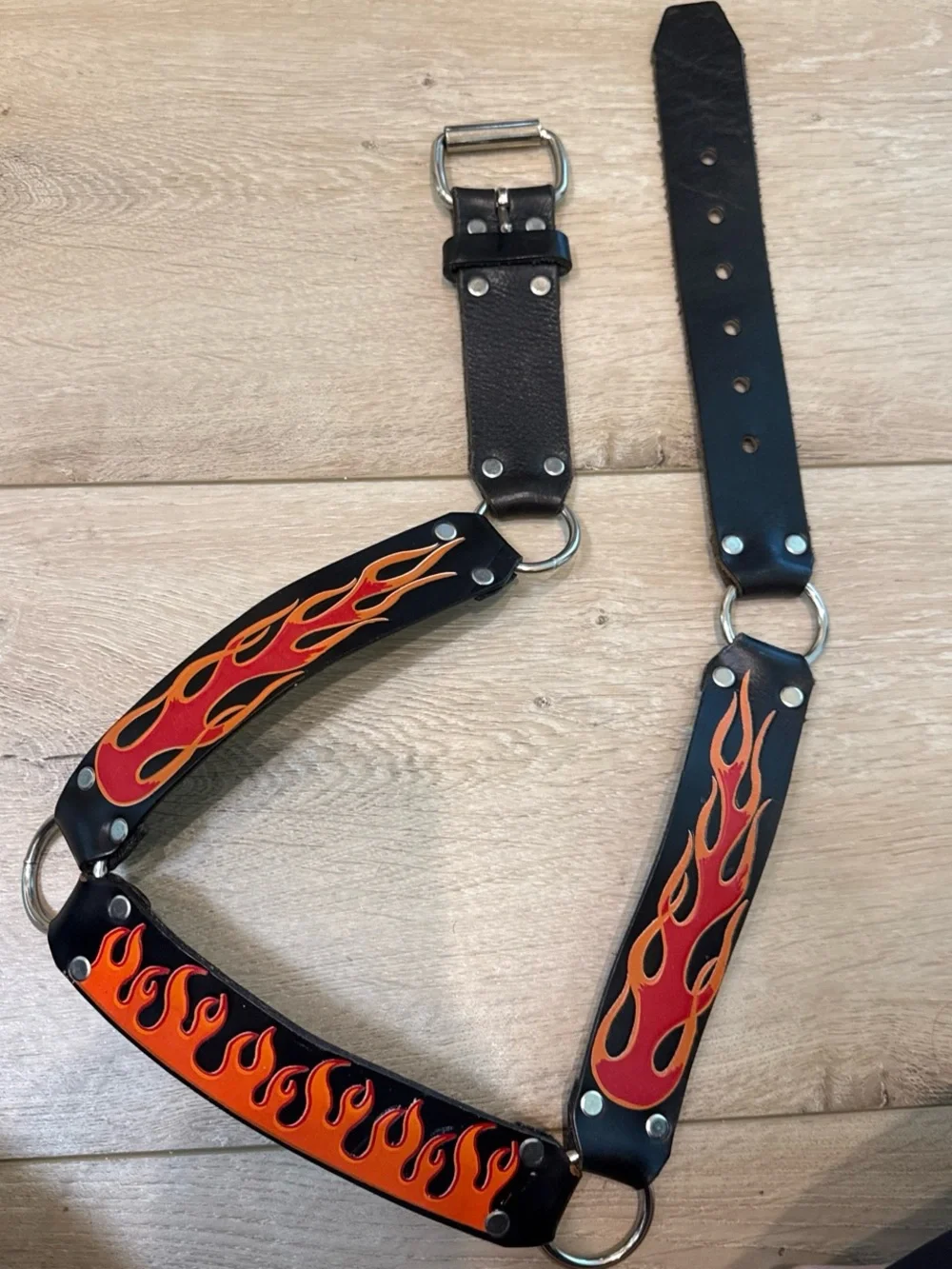Black Leather Men’s Flame Strap Belt - Red/Orange Accent